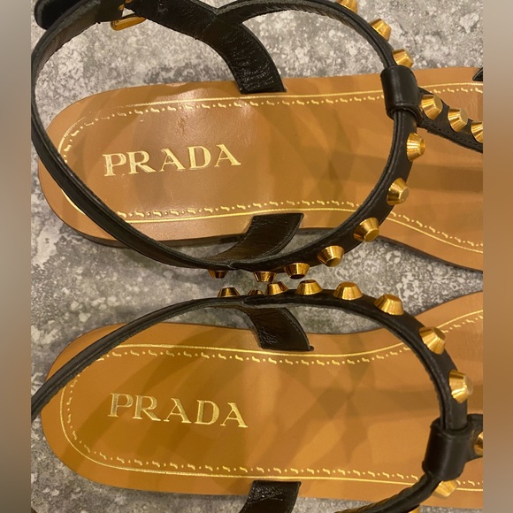 Prada black leather gold studs flats sandals - Picture 4 of 9